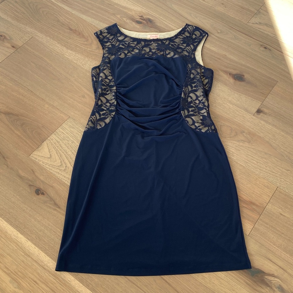Candalite Women’s Navy Blue Sheath Dress with Lace Size Large
